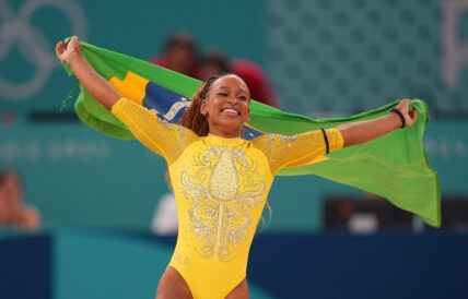 August 01 2024: Rebeca Andrade (Brazil) celebrates winning the silver at womens all around final on Day 6 of the Olympic Games at Bercy Arena, Paris, France. 01 Aug 2024 Pictured: August 01 2024: Rebeca Andrade (Brazil) celebrates winning the silver at womenâ??s all around final on Day 6 of the Olympic Games at Bercy Arena, Paris, France. Ulrik Pedersen/CSM. Photo credit: ZUMAPRESS.com / MEGA TheMegaAgency.com +1 888 505 6342 (Mega Agency TagID: MEGA1177810_017.jpg) [Photo via Mega Agency]