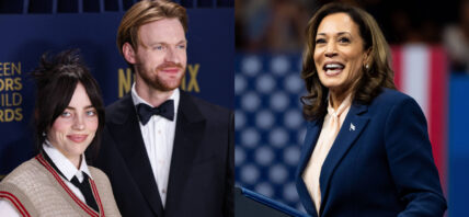 A photo collage of Billie Eilish with her brother Finneas and Kamala Harris