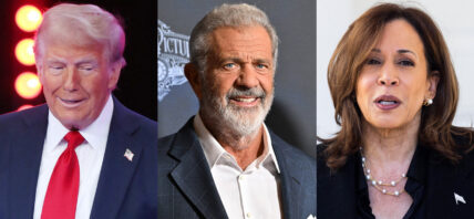 A photo collage Donald Trump, Mel Gibson and Kamala Harris