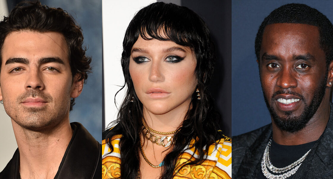 A photo collage of Joe Jonas with Kesha and Diddy