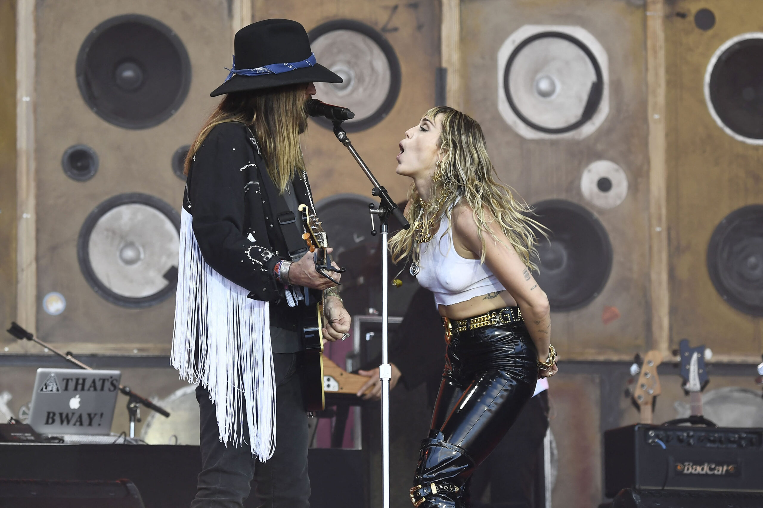 Miley Cyrus performing with Billy Ray Cyrus at Glastonbury Festival 2019