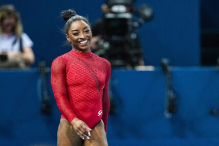 August 3, 2024, Paris, Paris, FRANCE: Detail of the hands of Simone Biles of United States during the Artistic Gymnastics Women's Vault Final on Bercy Arena during the Paris 2024 Olympics Games on August 3, 2024 in Paris, France. 03 Aug 2024 Pictured: August 3, 2024, Paris, Paris, FRANCE: Simone Biles of United States smiles during the Artistic Gymnastics Women's Vault Final on Bercy Arena during the Paris 2024 Olympics Games on August 3, 2024 in Paris, France. Photo credit: ZUMAPRESS.com / MEGA TheMegaAgency.com +1 888 505 6342 (Mega Agency TagID: MEGA1179117_011.jpg) [Photo via Mega Agency]