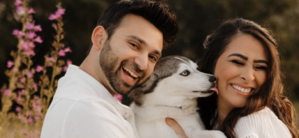 Sheena and Sunit Shah with Sapphie the Pomsky