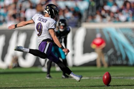 Justin Tucker of the Baltimore Ravens kicking a football.