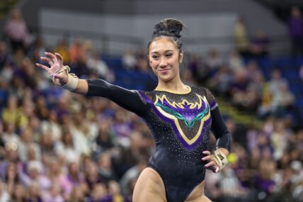 February 28, 2025: LSU's Kailin Chio competes on the balance beam during the Purple and Gold Podium Challenge woman's gymnastics LSU vs George Washington at the Raising Canes River Center in Baton Rouge, LA. Jonathan Mailhes/CSM. 28 Feb 2025 Pictured: February 28, 2025: LSU's Kailin Chio competes on the floor during the Purple and Gold Podium Challenge woman's gymnastics LSU vs George Washington at the Raising Canes River Center in Baton Rouge, LA. Jonathan Mailhes/CSM. Photo credit: ZUMAPRESS.com / MEGA TheMegaAgency.com sales@mega.global (Mega Agency TagID: MEGA1276490_039.jpg) [Photo via Mega Agency]