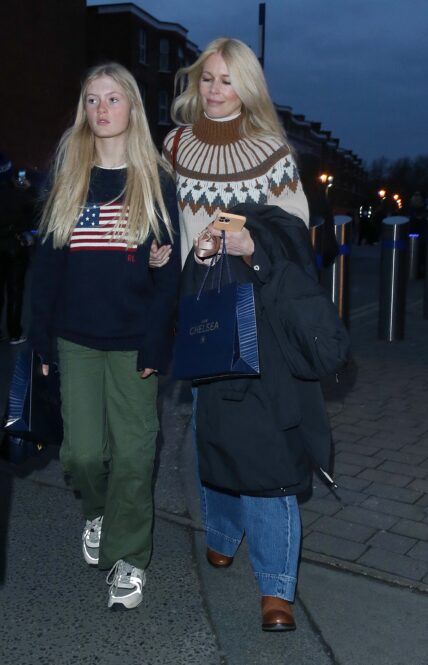 Claudia Schiffer leaves Stamford Bridge, London after watching Chelsea win against Leeds United 1-0 from Chelsea Owner Todd Boehly's executive box. 04 Mar 2023 Pictured: Claudia Schiffer, Clementine Poppy De Vere Drummond. Photo credit: BB/MEGA TheMegaAgency.com +1 888 505 6342 (Mega Agency TagID: MEGA952014_003.jpg) [Photo via Mega Agency]