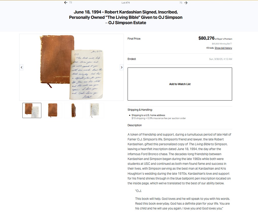 Robert Kardashian's bible gift to O.J. Simpson auctioned