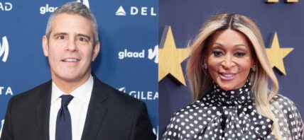 Photo collage of Karen Huger and Andy Cohen.