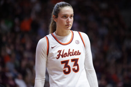 February 25, 2024: Virginia Tech Hokies center Elizabeth Kitley (33) looks on during the NCAA Women's Basketball game between the North Carolina Tar Heels and the Virginia Tech Hokies at Cassell Coliseum in Blacksburg, Virginia. Greg Atkins/CSM (Credit Image: © Greg Atkins/Cal Sport Media) Newscom/(Mega Agency TagID: csmphotothree236044.jpg) [Photo via Mega Agency]
