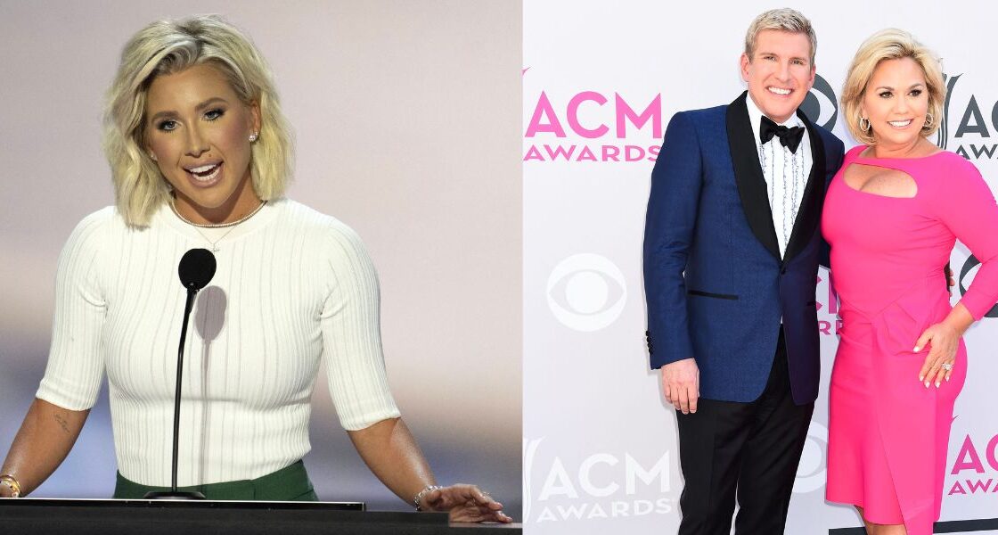 Photo collage of Todd and Julie Chrisley and their daughter Savannah Chrisley.