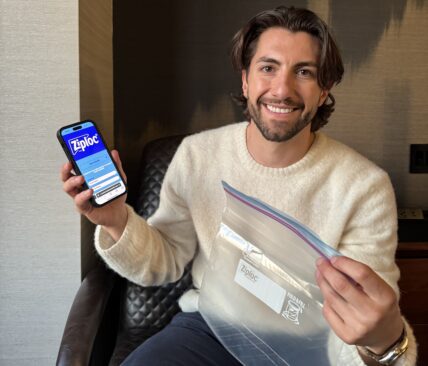 Jason Tartick poses with Ziplock bags