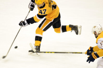 A photo showing former Pittsburgh Penguins center Adam Johnson (47) in the second period of the Predators 3-1 win against the Pittsburgh Penguins at PPG Paints Arena in Pittsburgh on March 29, 2018.
