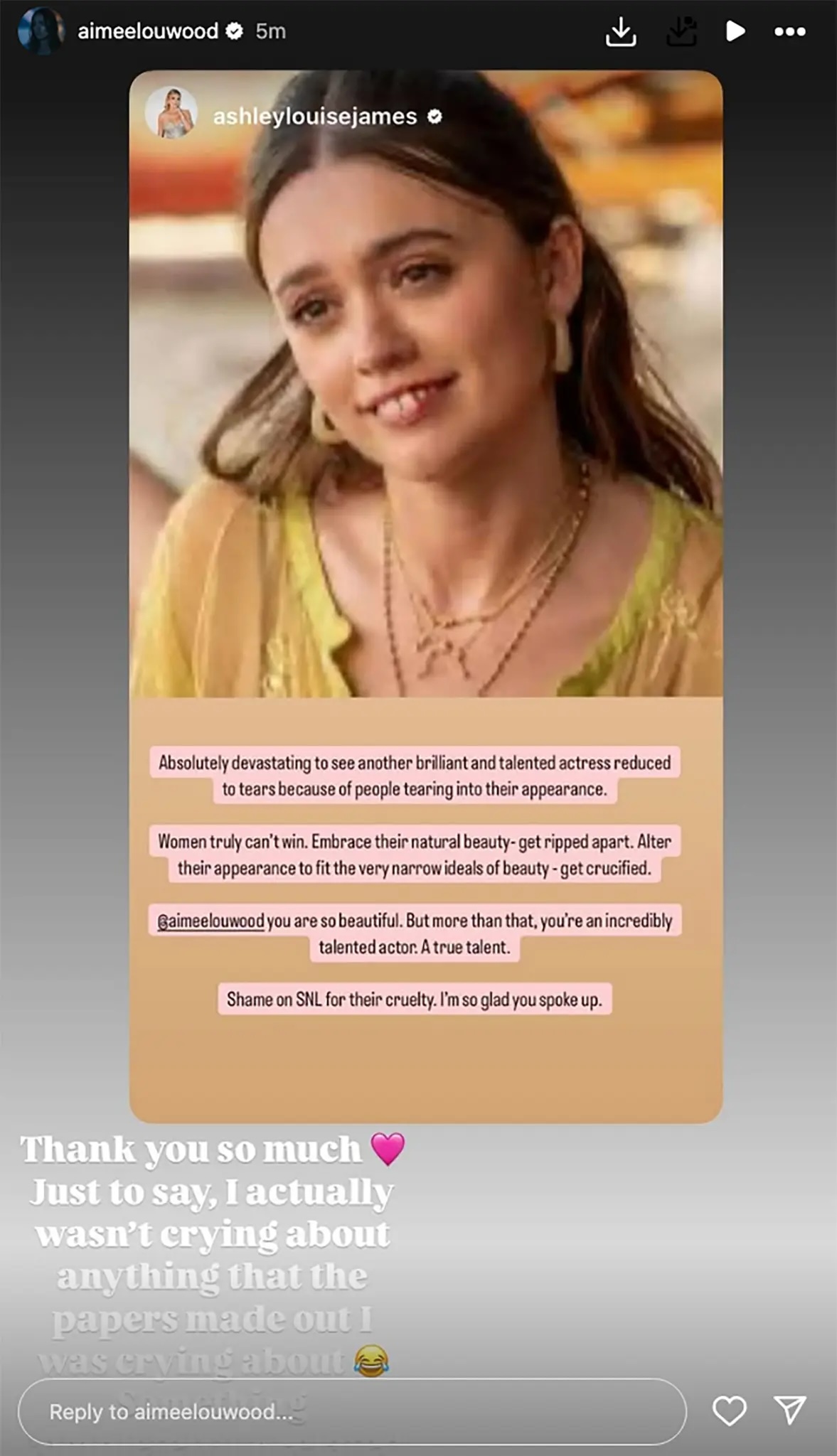 Aimee Lou Wood's Instagram Stories about the crying photos