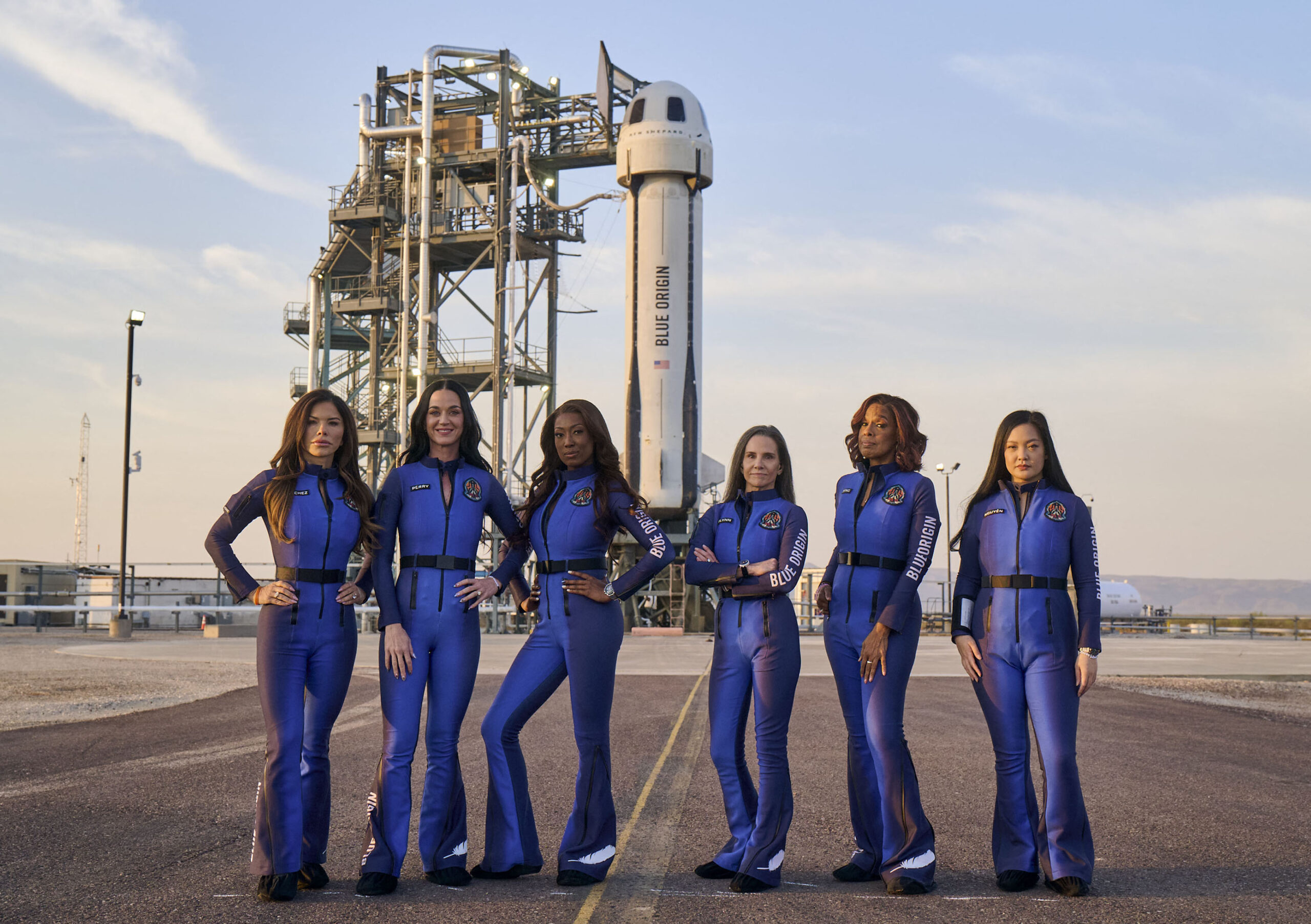 Blue Origin's all-female NS-31 crew - including Katy Perry, Lauren Sanchez and Gayle King - pose with the New Shepard rocket before they were launched to space