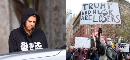 Jodie Sweetin (left) Trump protest sign (right)