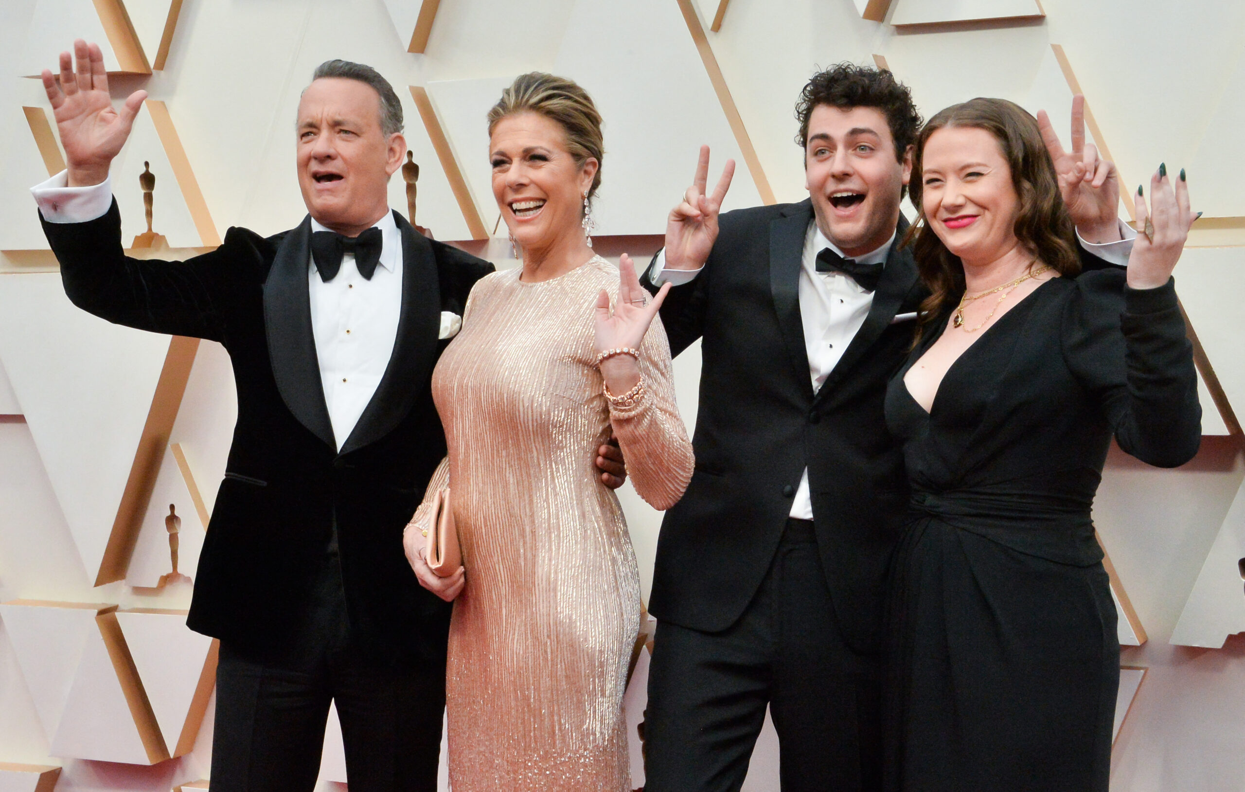 (L-R) Tom Hanks, Rita Wilson, Truman Theodore Hanks and Elizabeth Hanks arrive for the 92nd annual Academy Awards at the Dolby Theatre in the Hollywood section of Los Angeles on Sunday, February 9, 2020.