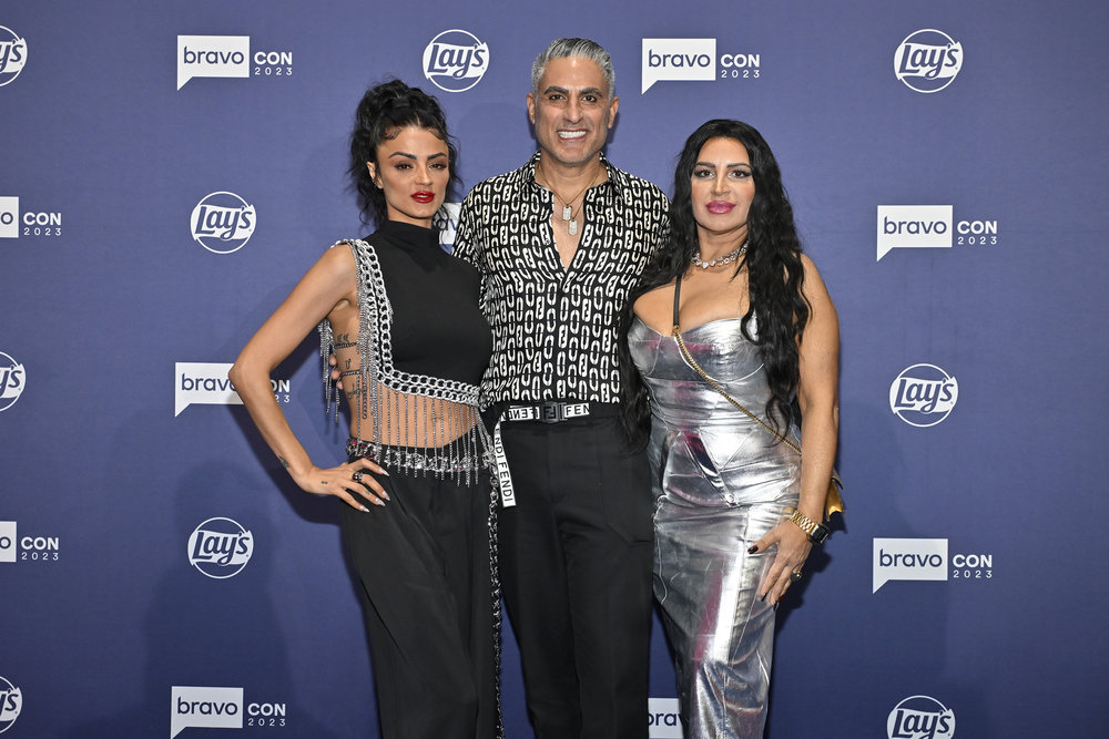 Reza Farahan, GG Gharachedaghi, and Mercedes "MJ" Javid posing together at BravoCon.