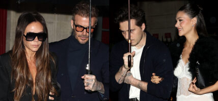 A photo collage of Victoria with David Beckham and Brooklyn Beckham with Nicola Peltz