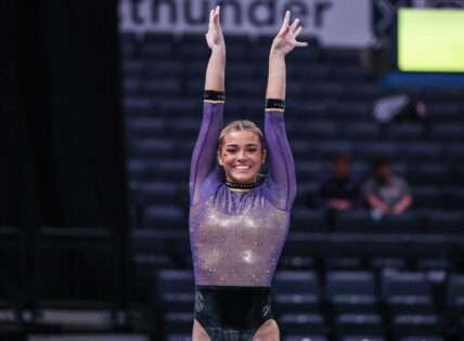 January 11, 2025: LSU's Olivia Dunne salutes the judges during Session 2 of the Sprouts Farmers Market Collegiate Quad gymnastics meet at the Paycom Center in Oklahoma City, OK. Kyle Okita/CSM (Credit Image: © Kyle Okita/Cal Sport Media) Newscom/(Mega Agency TagID: csmphotothree343481.jpg) [Photo via Mega Agency]