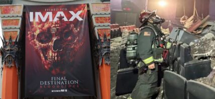 Final Destination poster (left) Ceiling in theater collapses (right)