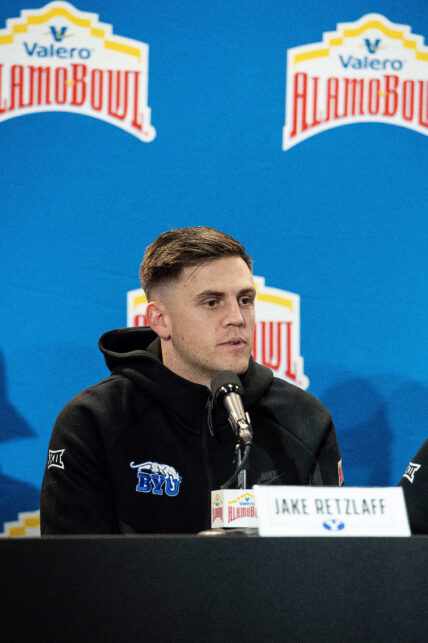 BYU quarterback Jake Retzlaff during a pre-game media conference at the NCAA Valera Alamo Bowl against Colorado at the Alamodome.