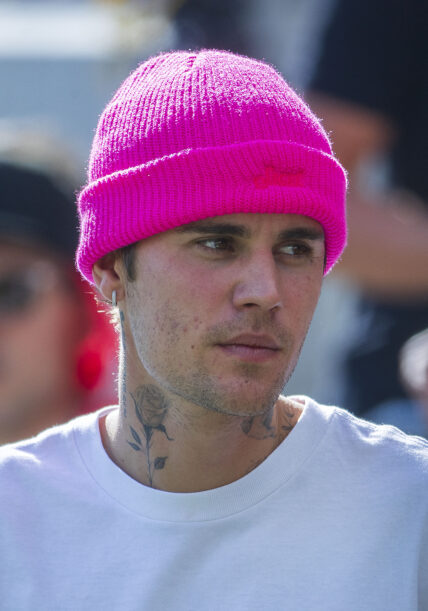 Justin Bieber wearing pink beanie