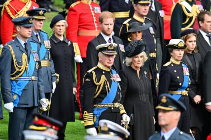 King Charles III and Camilla Queen Consort, Prince Harry and Meghan Markle Duchess of Sussex seen at Wellington Arch.
