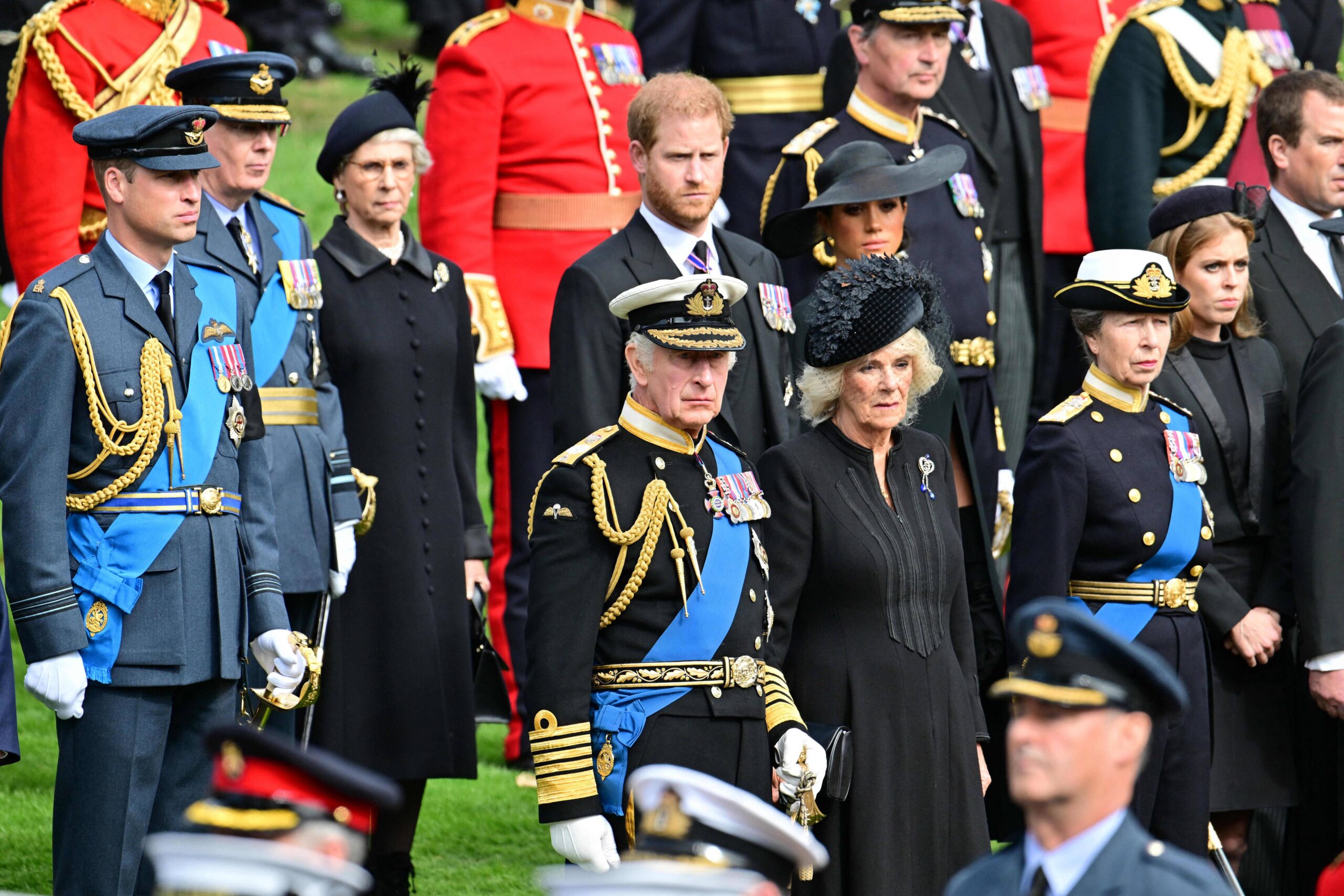 King Charles III and Camilla Queen Consort, Prince Harry and Meghan Markle Duchess of Sussex seen at Wellington Arch.
