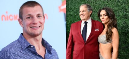 Photo collage of Rob Gronkowski, Bill Belichick, and Jordon Hudson.