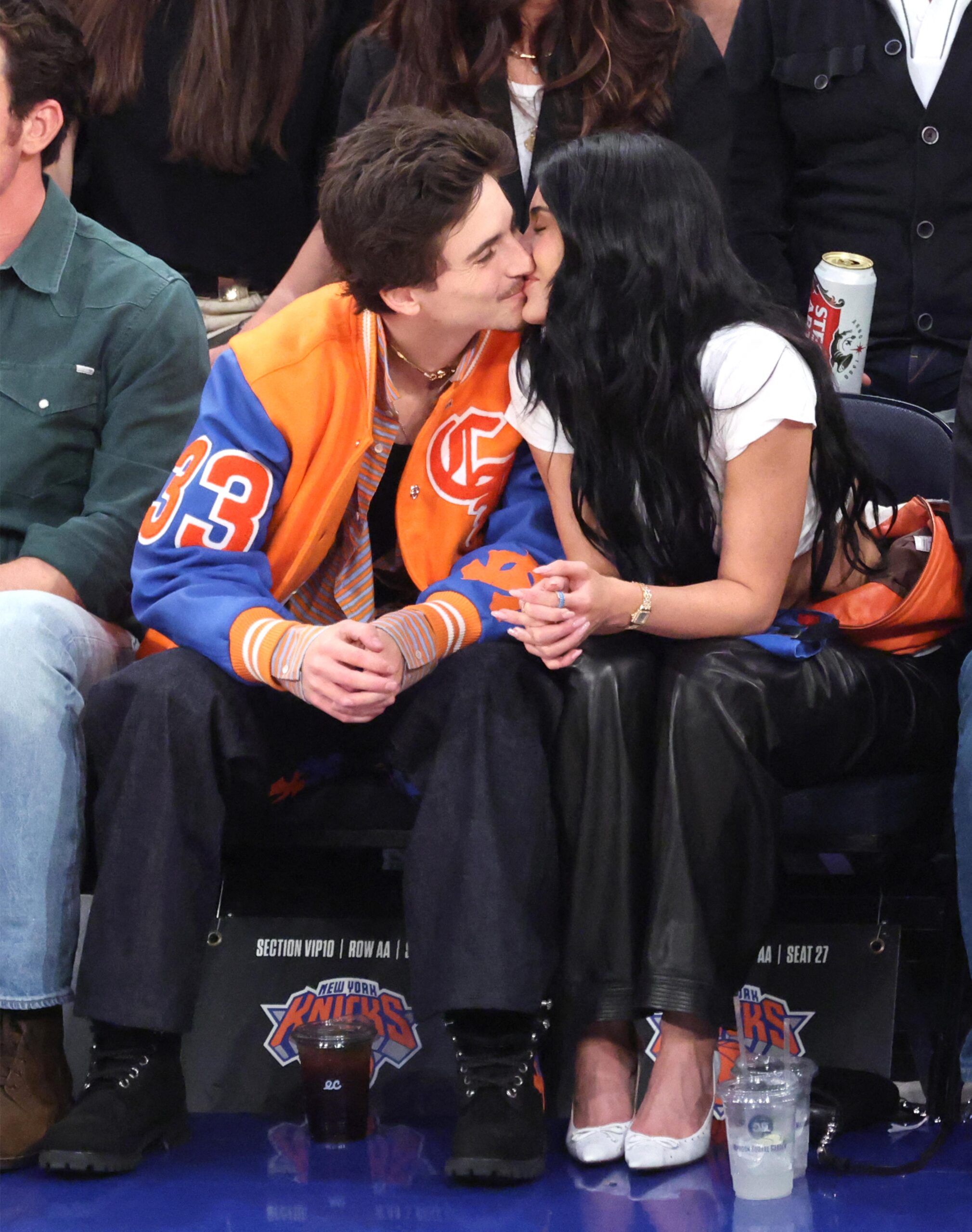 Kylie Jenner and Timothée Chalamet share a kiss court side at the Knicks vs Pacers Game 5