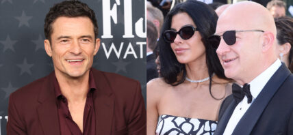 A photo collage of Orlando Bloom with Jeff Bezos and Lauren Sanchez