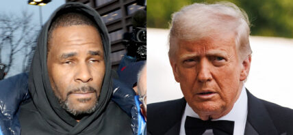 A photo collage of R. Kelly and Donald Trump