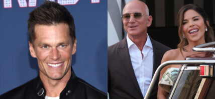 A photo collage of Tom Brady with Jeff Bezos and Lauren Sanchez