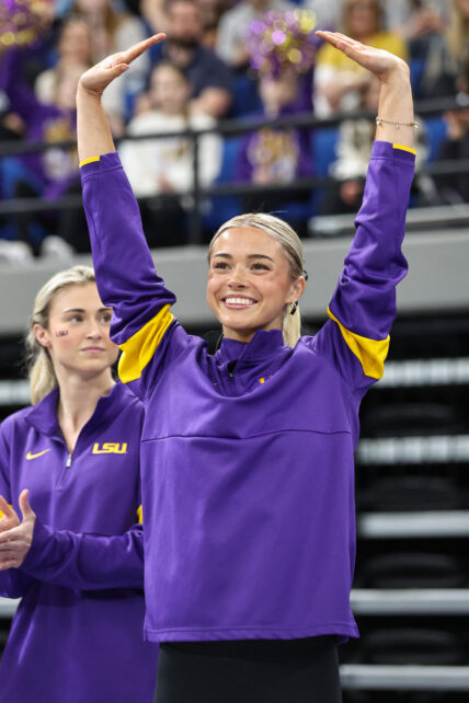 February 28, 2025: LSU's Olivia Dunne is introduced to the audience prior to the Purple and Gold Podium Challenge woman's gymnastics LSU vs George Washington at the Raising Canes River Center in Baton Rouge, LA. Jonathan Mailhes/CSM (Credit Image: © Jonathan Mailhes/Cal Sport Media) Newscom/(Mega Agency TagID: csmphotothree358201.jpg) [Photo via Mega Agency]