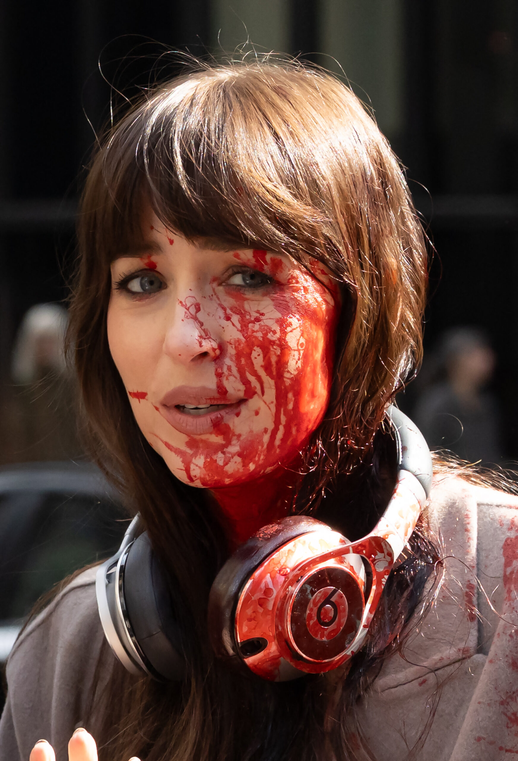 Dakota Johnson is seen with blood all over her face as she films scenes with Josh Harnett for their new movie Verity this afternoon in New York City
