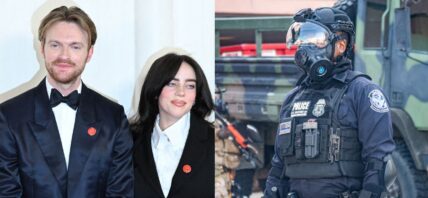Finneas and Billie Eilish (left) Police at LA Protests (right)