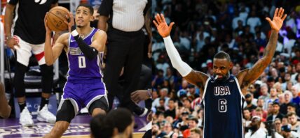 Photo collage of LeBron James and Tyrese Haliburton.