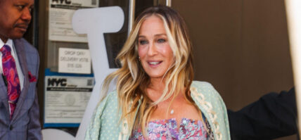 Sarah Jessica Parker is all smiles in a beautiful floral dress while leaving Live with Kelly and Mark this morning in New York City