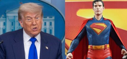 Donald Trump (left) Superman statue (right)