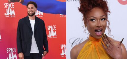 Photo collage of Megan Thee Stallion and Klay Thompson.