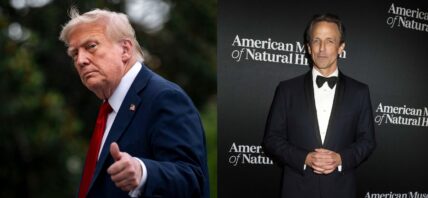 A photo collage of Donald Trump and Seth Meyers