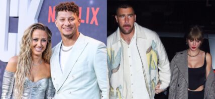 Brittany Mahomes and Patrick Mahomes (left) Travis Kelce and Taylor Swift (right)