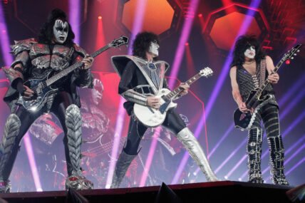 Paul Stanley Gene Simmons Tommy Thayer Eric Singer from Kiss band performing at Accor Arena in Paris