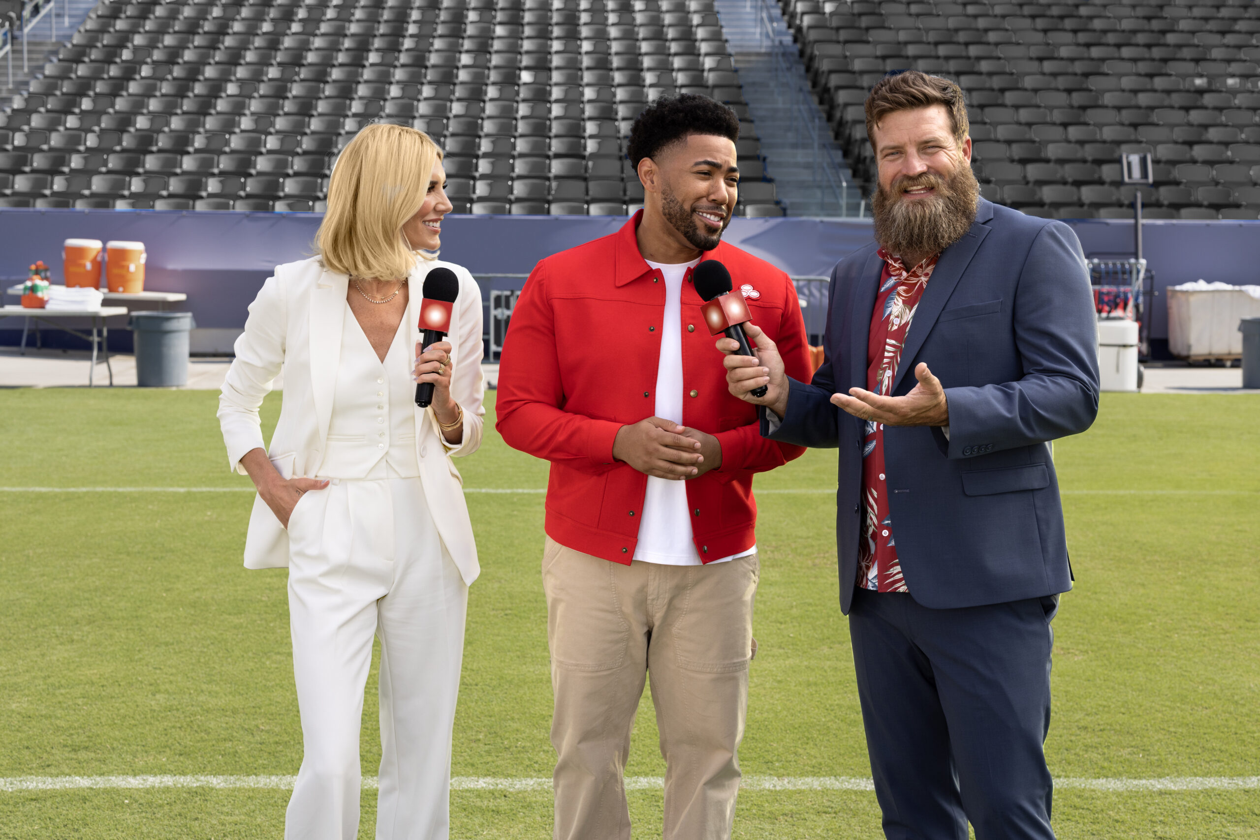 Charissa Thompson joins Jake from State Farm on set for the new “Bold Predictions” commercial with State Farm and Amazon Prime Video Thursday Night Football. 