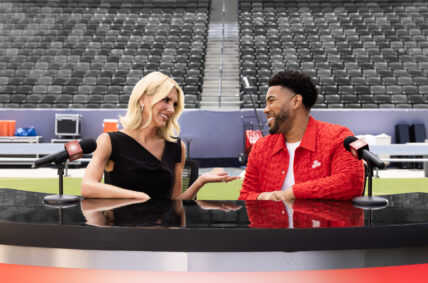 Charissa Thompson joins Jake from State Farm on set for the new “Bold Predictions” commercial with State Farm and Amazon Prime Video Thursday Night Football.