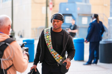 Detroit Lions running back and Eagle Scout David Montgomery honors his Scouting America background by incorporating the organization’s sash into his game day fit at Ford Field on September 28.