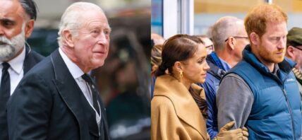 A photo collage of King Charles, PrinceHarry, and Meghan Markle