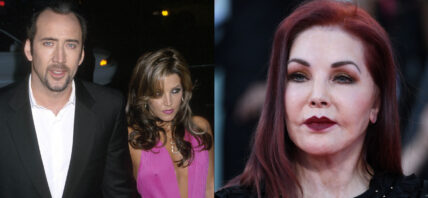 A photo collage of Lisa Marie Presley with Nicolas Cage and Priscilla Presley