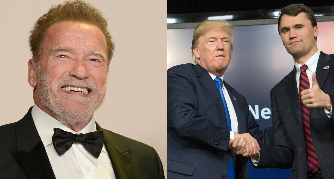 Arnold Schwarzenegger (left) Donald Trump and Charlie Kirk (right)