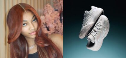 Photo collage of Angel Reese and her signature shoe.